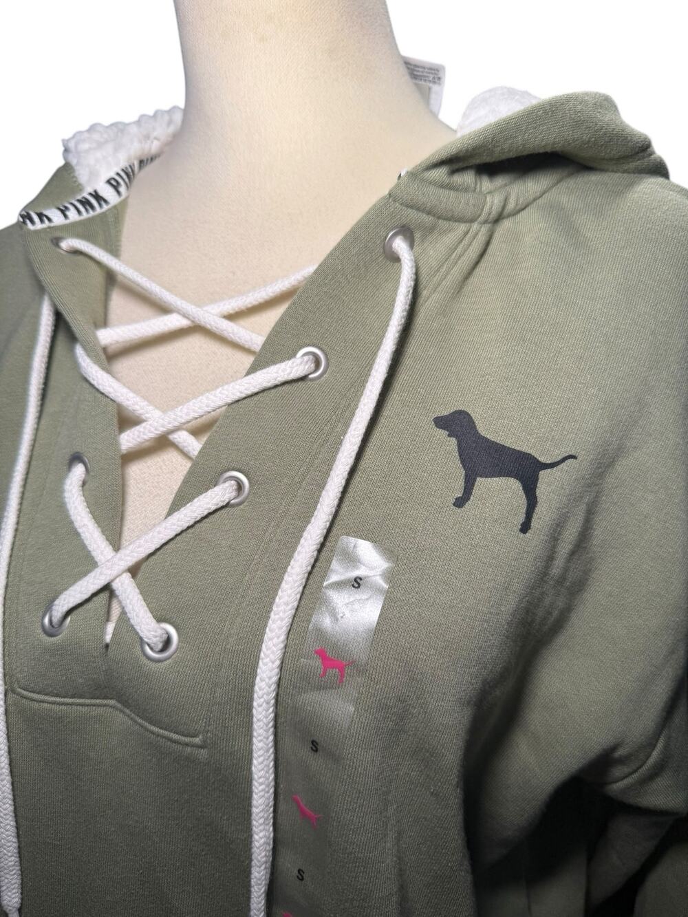PINK Victoria's Secret Sherpa Lined Lace Up Hoodie, Dog, Sage Green, Small, NWT